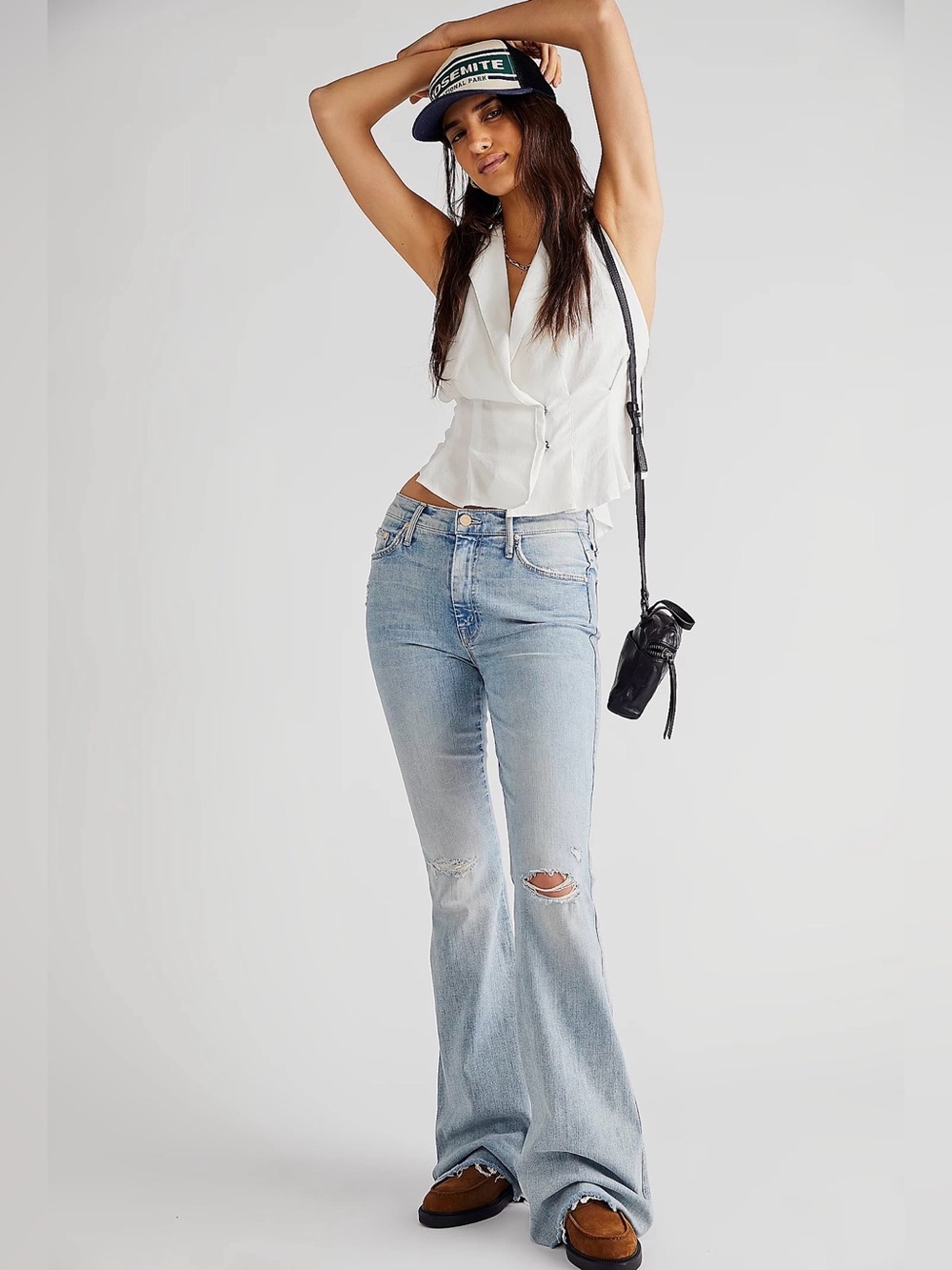 Mother The Super Cruiser Double Heel Fray Light Blue Distressed Flare Jeans (B3)